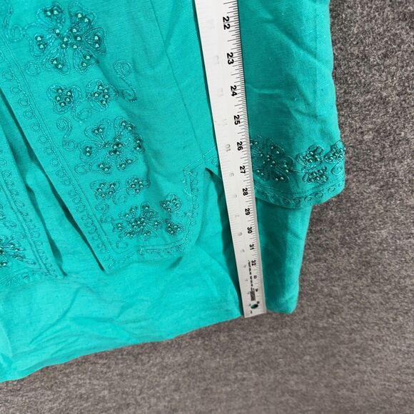 Karen Stevens Dress Women 10P Petite Blue Shift Midi Rhinestone Button Linen - Picture 5 of 6